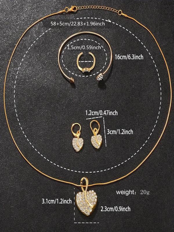 Women's Elegant Rhinestone Decor Watch & Jewelry Set, Round Dial Watch & Heart Design Dangle Earrings & Pendant Necklace & Ring & Bangle, Fashion Watch Set  without Box