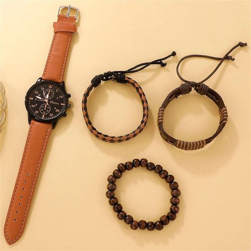 Christmas Gift New Men Watch Luxury Bracelet Set Fashion Business Brown Leather Quartz Wrist Watches for Men Gift Set Relogio Masculino