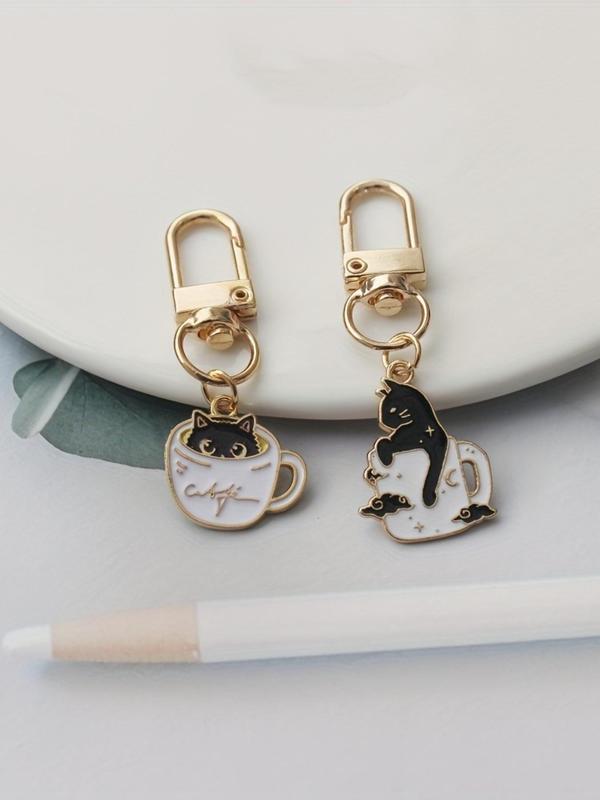 Cute Cat Design Keychain Set, Coffee Cup Cat Keychain, Alloy Pendant Bag Accessory Pendant, Creative Keychain, Backpack Pendant, Bag Charms