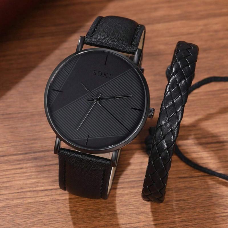 Men Watch 2pcs Set Men's Casual Black Quartz Watch And Bracelet Watch For Men Father's Day Gifts