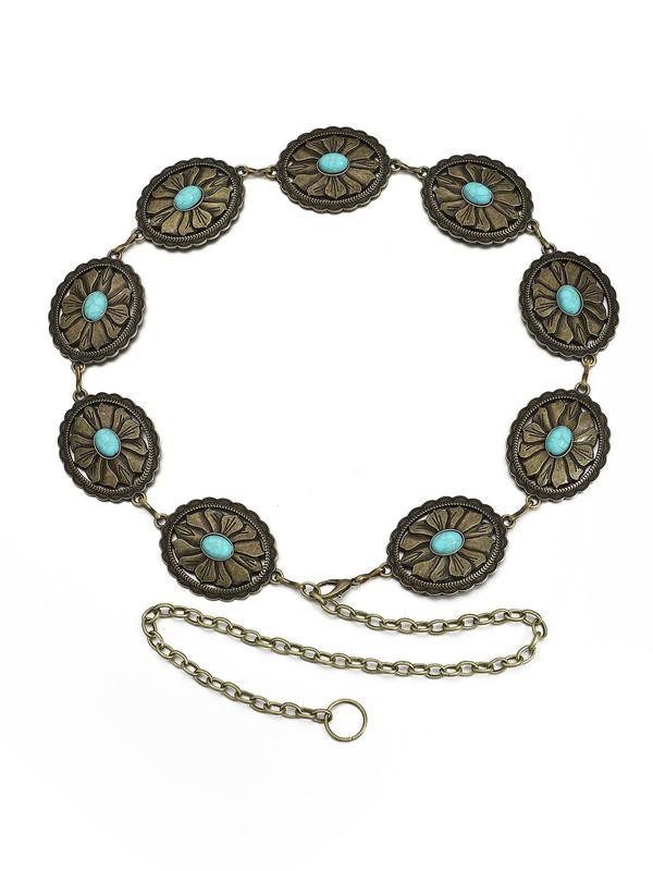 Women's Boho Style Turquoise Texture Decor Chain Belt, Trendy Retro Chain Belt, Chic Vintage Clothes Accessories for Daily & Party Clothing Decor