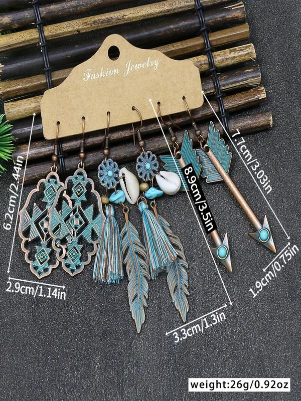 Boho Turquoise Texture Shell Tassel Hollow Arrow Feather Decor Dangle Earrings (3 Pairs), Vintage Trendy Dangle Earrings, Fashionable Jewelry for Women for Daily & Party Decoration Gifts