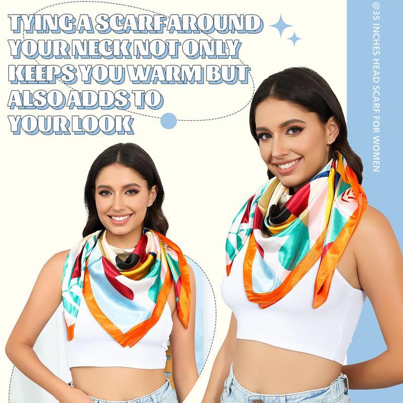 AWAYTR 3Pcs Set 35” Large Square Head Scarf Summer Dating Travel Commuting Silk Feeling Bandana Scarf for Women Fashion Multifunction Hair Kerchief