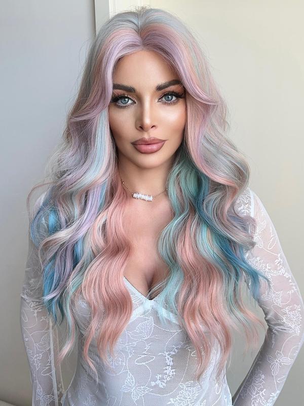 30 Inch Pink & Blue Mixed Color Wavy Lace Front Wigs for Women, Gorgeous Fluffy Wigs without Bangs, Synthetic Heat Resistant Fiber Wigs for Daily & Party