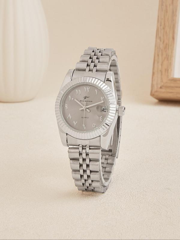 Women's Elegant Oval Dial Quartz Watch, Calendrier Stainless Steel Strap Wristwatch, Trendy Watch for Women As Gift with Box