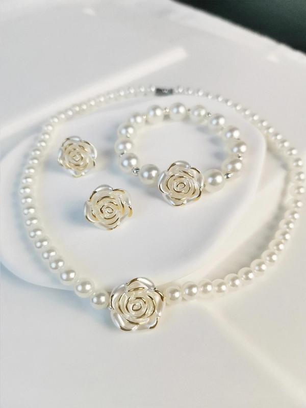 Women's Elegant Faux Pearl Decorated Flower Design Jewelry Set, Exquisite Trendy Beaded Bracelet & Earrings & Necklace, Chic Gorgeous Jewelry Set As Gift for Girlfriend