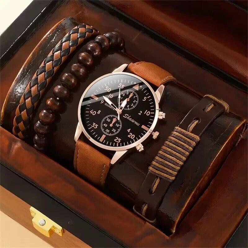 Christmas Gift New Men Watch Luxury Bracelet Set Fashion Business Brown Leather Quartz Wrist Watches for Men Gift Set Relogio Masculino