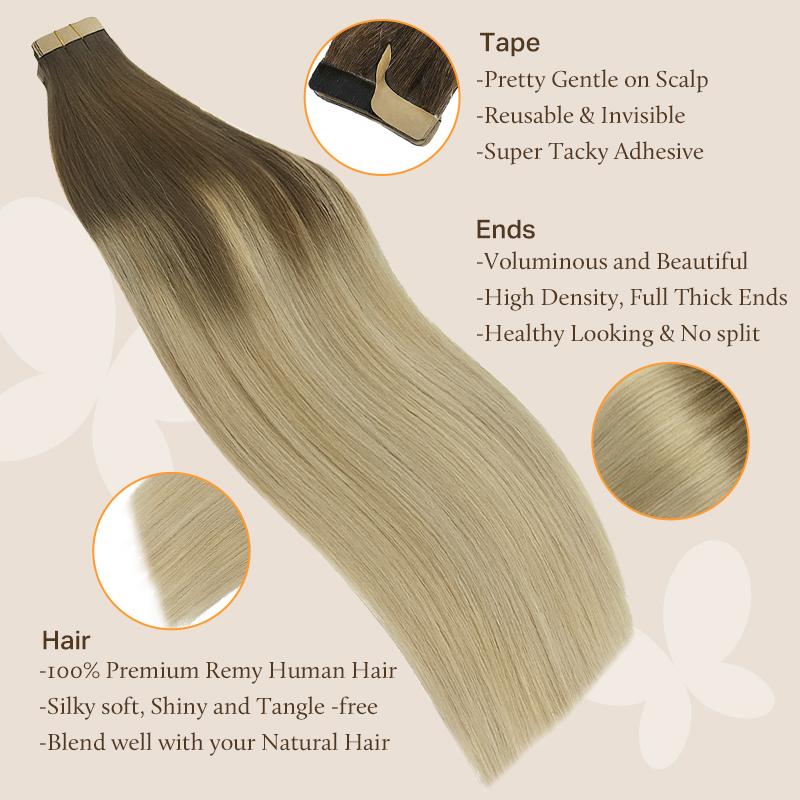 Doores 20Pcs Tape-in Natural human hair extensions 50g Natural Straight DIY Hair extensions with strong air permeability suitable for summer