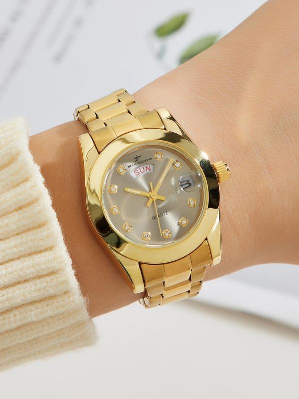 Women's Elegant Fashion Round Dial Stainless Steel Strap Quartz Watch, Fashion Watch for Party, Daily Clothing Decor, Trendy All-match & Exquisite Watch for Birthday Gift with Box