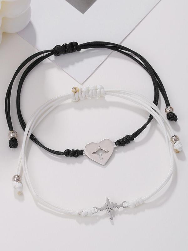 Hollow out Heart & Heartbeat Charm Braided Bracelet (2pcs), Minimalist Fashion Two-color Bracelet for Women & Men, Trendy All-match & Exquisite Accessories for Gift