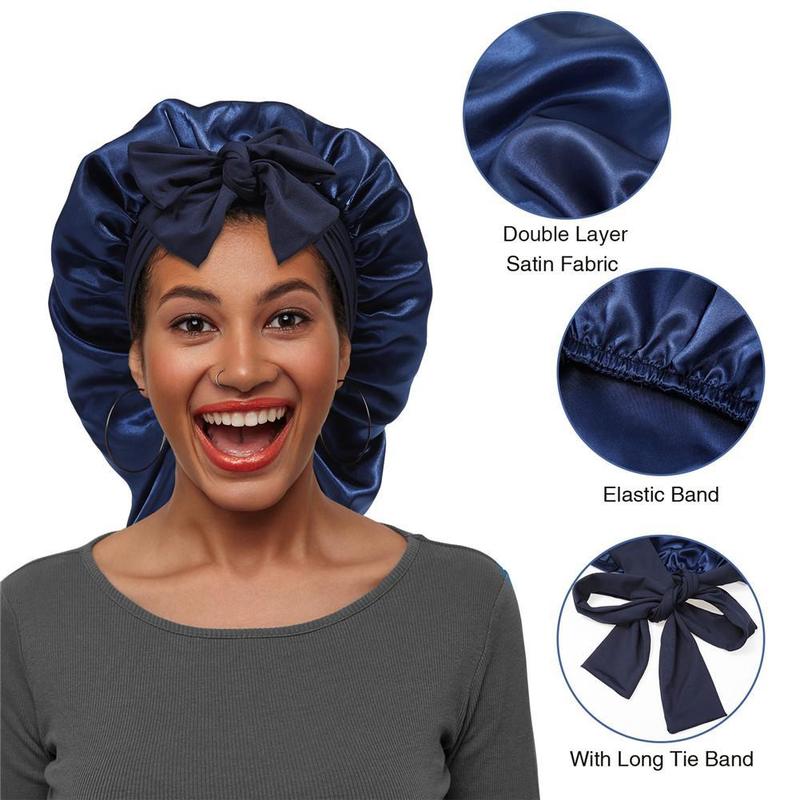 Solid Color Double-Layer Long Satin Bonnet Sleep Cap Adjustable Care Night Sleeping Cap for Women Braids Curly Hair Wrap for Bonnets with Tie Band