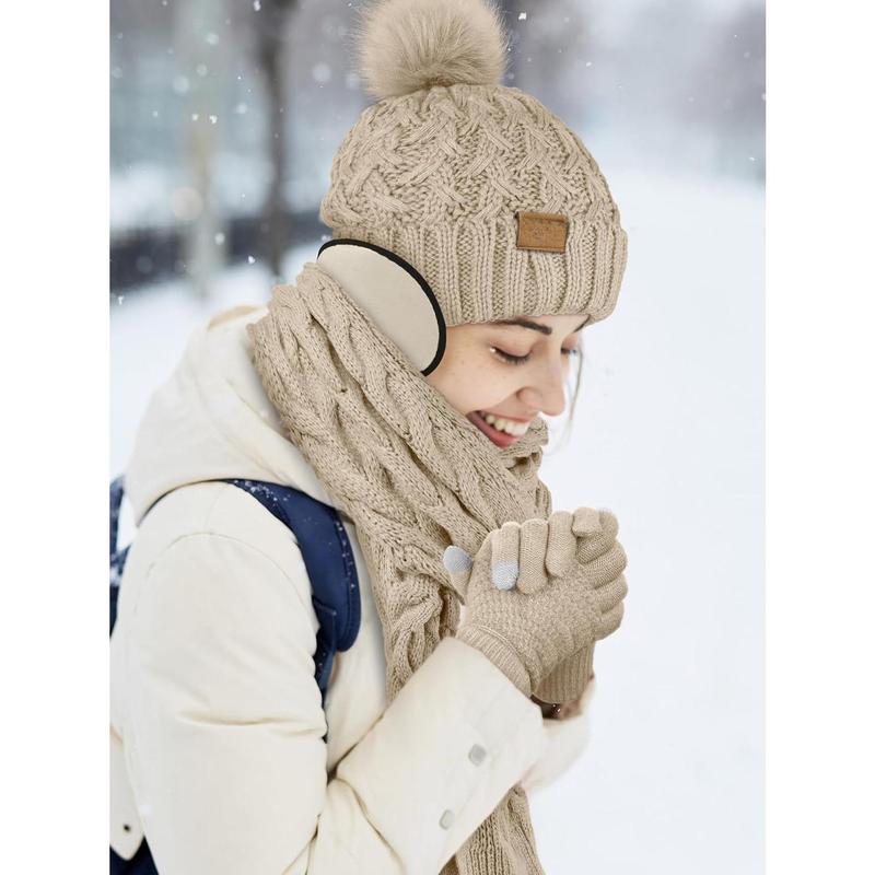 4 Packs Winter Warm Set Knitted Pompom Hat Scarf Touch Screen Gloves Ear Warmer 4 In 1 Set for Men or Women