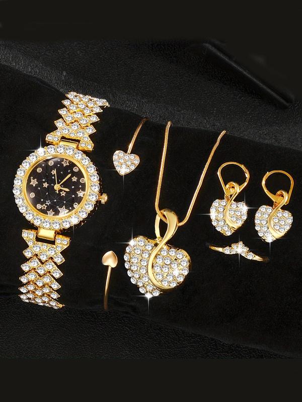 Women's Elegant Rhinestone Decor Watch & Jewelry Set, Round Dial Watch & Heart Design Dangle Earrings & Pendant Necklace & Ring & Bangle, Fashion Watch Set  without Box