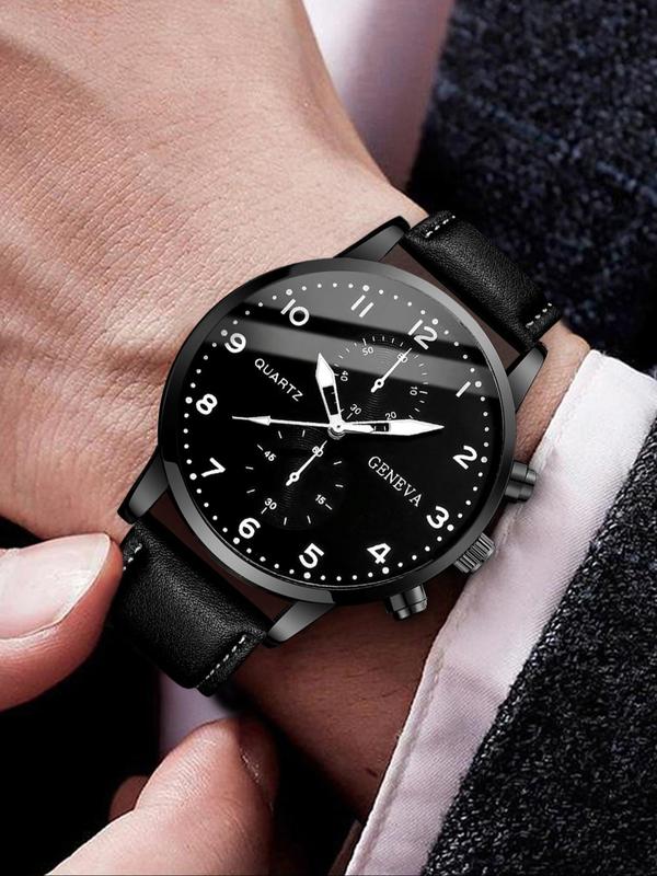 Men's Fashion Casual Pu Leather Digital Surface Quartz Watch, with Lion Bracelet Set, without Box, Fashion Watch Set for Party, Trendy All-match Watch Set for Birthday Gift