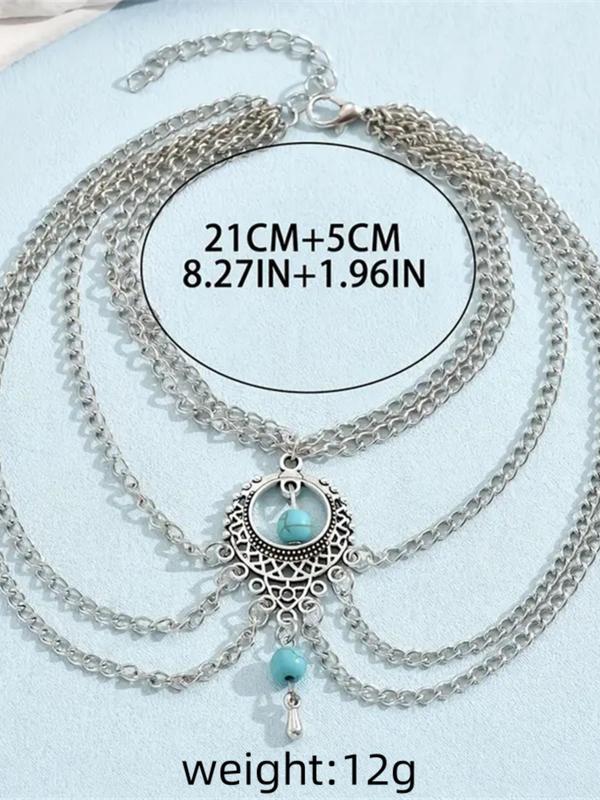 Boho Style Turquoise Decor Multi-layered Adjustable Strap Anklet,  Trendy All-match & Exquisite Jewelry for Women & Girls for Party & Daily Cloth Decor