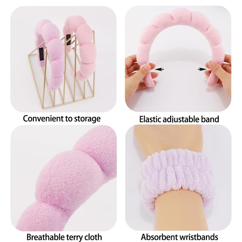 2 Set  Headbands for Washing  and Wristband Set,  Care Headband Sponge Facial Skincare Headbands Terry Cloth Puffy Makeup Accessories for Women Girls (Pink&Purple)