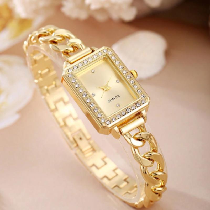 Ladies' Quartz Watch With Elegant Rectangular Dial, Rhinestone Embellished Cuff Bracelet Wristwatch