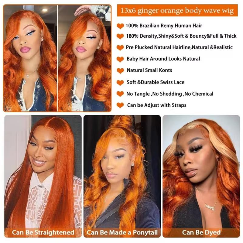 30 34 Inch Orange Ginger Hd Lace Front Wigs 13x6 Body Wave  Colored Glueless Lace Frontal Wigs Pre Plucked Closure Wig