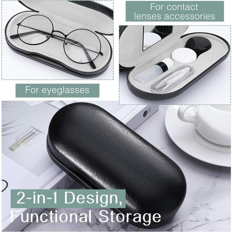 Double Eyeglass Case, Contact Lens Case with Mirror , 2 in 1 Double Sided Portable Contact Lens Box Holder Storage Kit Sunglasses Pouch for Men & Women, Black