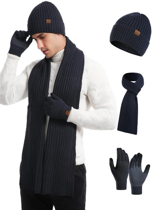 3pcs Men's & Women Winter Outdoor Sweater Scarf & Hat & Gloves Set, Casual Solid Color Touch Screen Non-slip Fashion Accessory Sets for Fall & Winter for Daily Wear