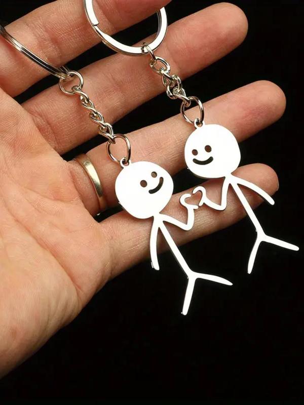 Cute Cartoon Stickman Design Heart Keychain, Fashionable Stainless Steel Keychain for Women & Men, Trendy All-match Keychain for Birthday Gift