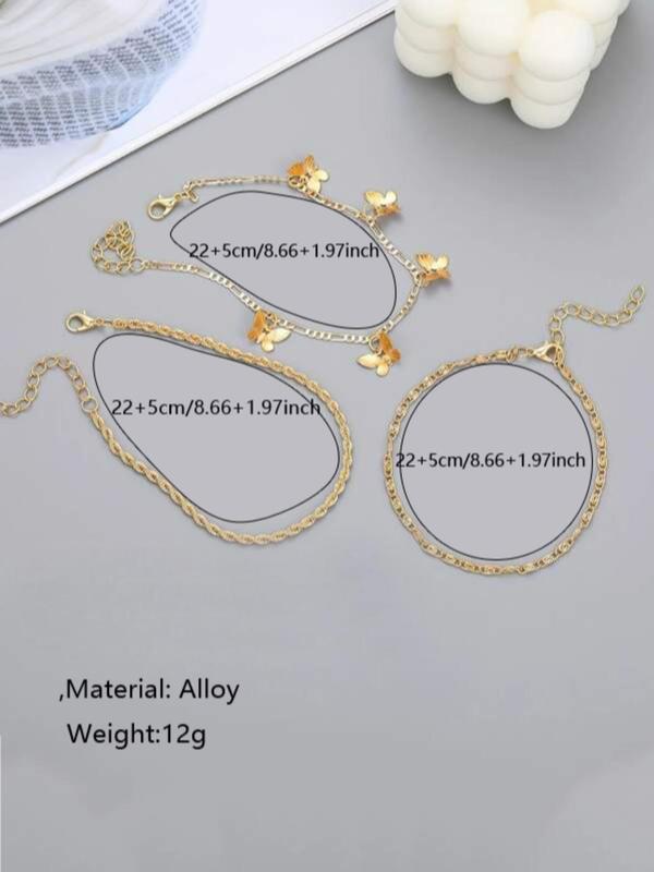 Summer 2024 Elegant Style Mini Butterfly & Chain Decor Anklet, 3 Counts Butterfly Charm Anklet Chain, Fashion Body Accessories for Women