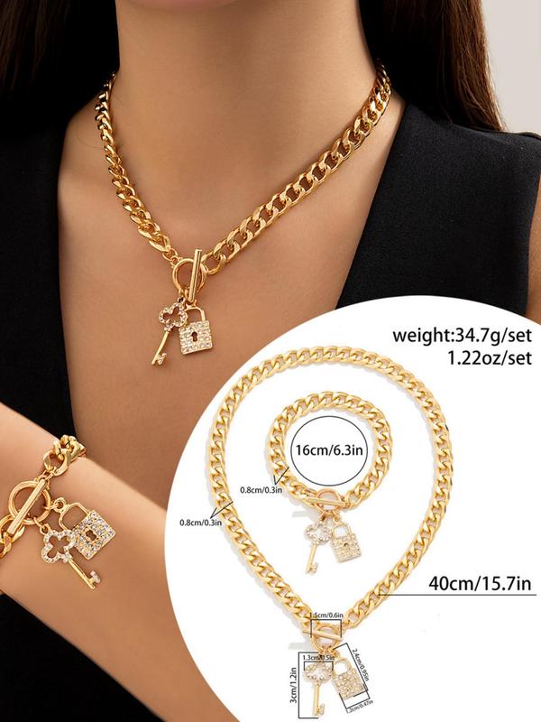 Women's Fashion Lock & Key Pendant Chain Bracelet & Necklace (2pcs), with Rhinestone Decor, Fashion Jewelry for Party, Daily Clothing Decor, Trendy All-match & Exquisite Jewelry for Birthday Gift