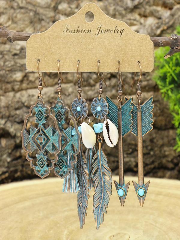 Boho Turquoise Texture Shell Tassel Hollow Arrow Feather Decor Dangle Earrings (3 Pairs), Vintage Trendy Dangle Earrings, Fashionable Jewelry for Women for Daily & Party Decoration Gifts