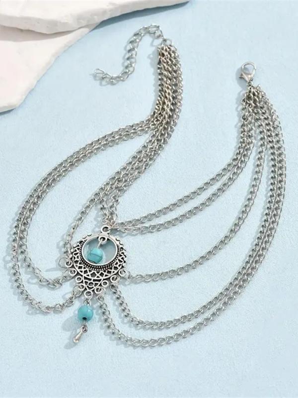 Boho Style Turquoise Decor Multi-layered Adjustable Strap Anklet,  Trendy All-match & Exquisite Jewelry for Women & Girls for Party & Daily Cloth Decor