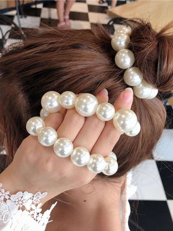 Elegant Faux Pearl Decorated Hair Tie, Seamless High Stretch Hair Tie for Women & Girls, Fashion Hair Accessories for Party, Daily Decor