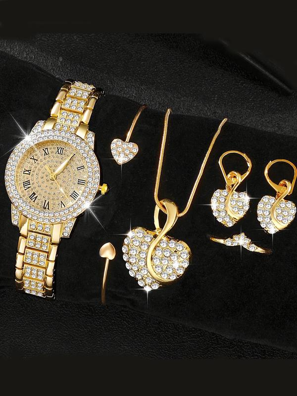 Women's Elegant Rhinestone Decor Watch & Jewelry Set, Round Dial Watch & Heart Design Dangle Earrings & Pendant Necklace & Ring & Bangle, Fashion Watch Set  without Box