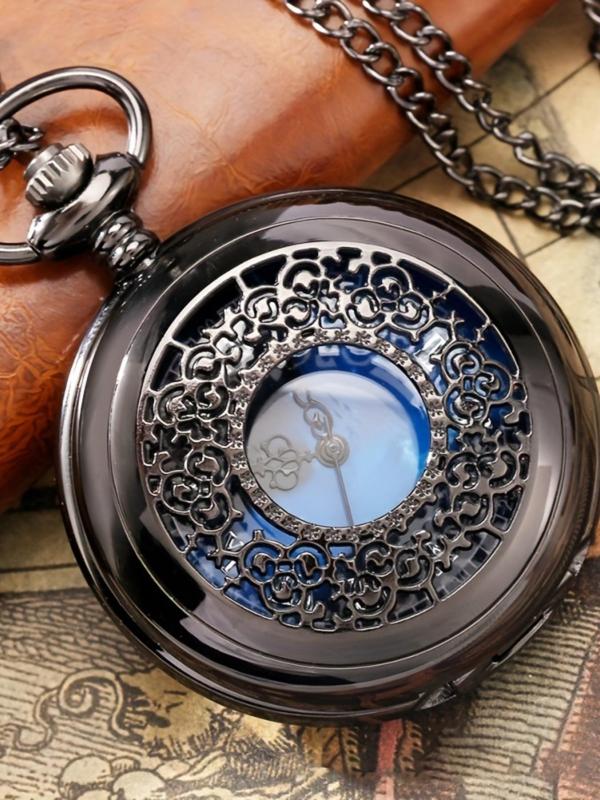 Men's Vintage Flower Carving Design Round Dial Quartz Pocket Watch, Fashion Watch for Party, Daily Clothing Decor, Trendy All-match & Exquisite Watch for Birthday Gift