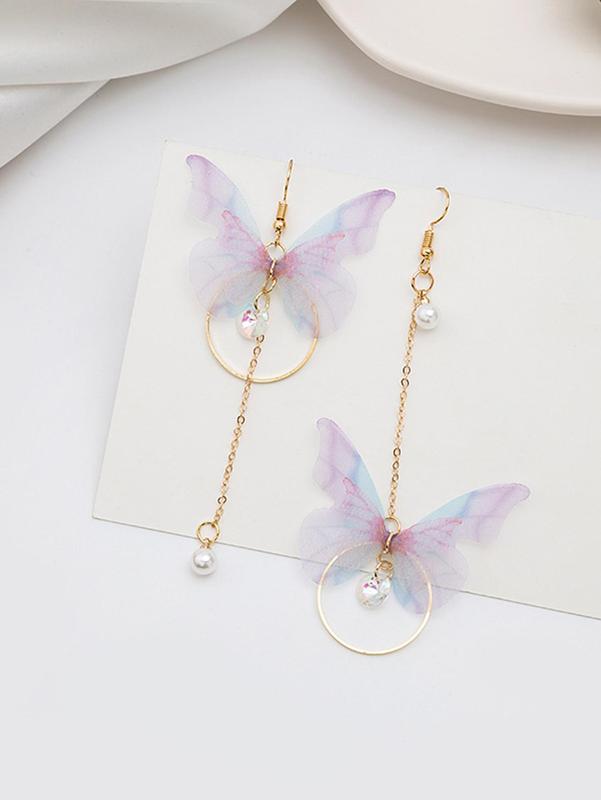 1 Pair Elegant Fashion Colorful Butterfly Alloy Dangle Earrings, Faux Pearl Rhinestone Decoration Women's Casual Accessories