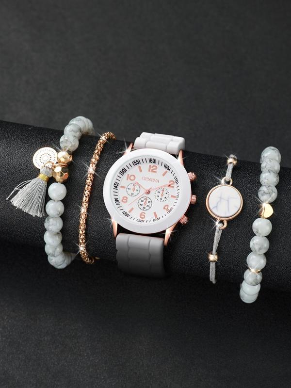 Women's Fashion Round Dial Quartz Watch and Beaded Bracelet Set, without Box, Fashion Watch & Jewelry for Party, Trendy All-match Watch for Gift