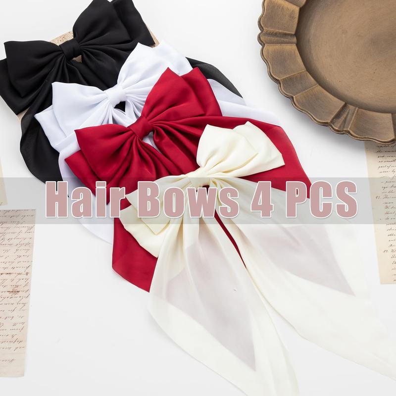 Hair Bows 4 count, Hair Bows for Women, Hair Ribbons, Oversized Long-tail Cute Aesthetic Hair Accessories, Large Hair Barrettes for Women, Bows for Girls (Wine red, white, black, white)