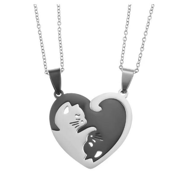 Hot Hug Love Pet Cat Pairing Couple Necklace - Stainless Steel Men Women Best Friend Bff Pendant Jewelry Gift