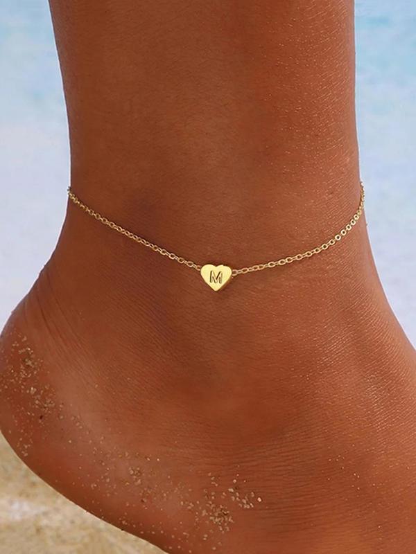 Heart Initial Anklet for Women, Stainless Steel Anklet for Party, Daily Clothing Decor, Trendy All-match & Exquisite Jewelry for Birthday Gift