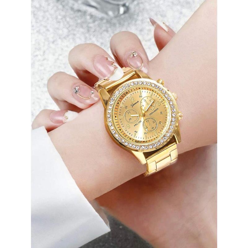 1pc Ladies Watch Gold Watch Women's Casual Business Quartz Watch Stainless Steel Alloy Strap With Rhinestone Ladies' Wristwatch Holiday