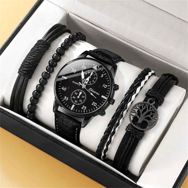 Christmas Gift New Men Watch Luxury Bracelet Set Fashion Business Brown Leather Quartz Wrist Watches for Men Gift Set Relogio Masculino