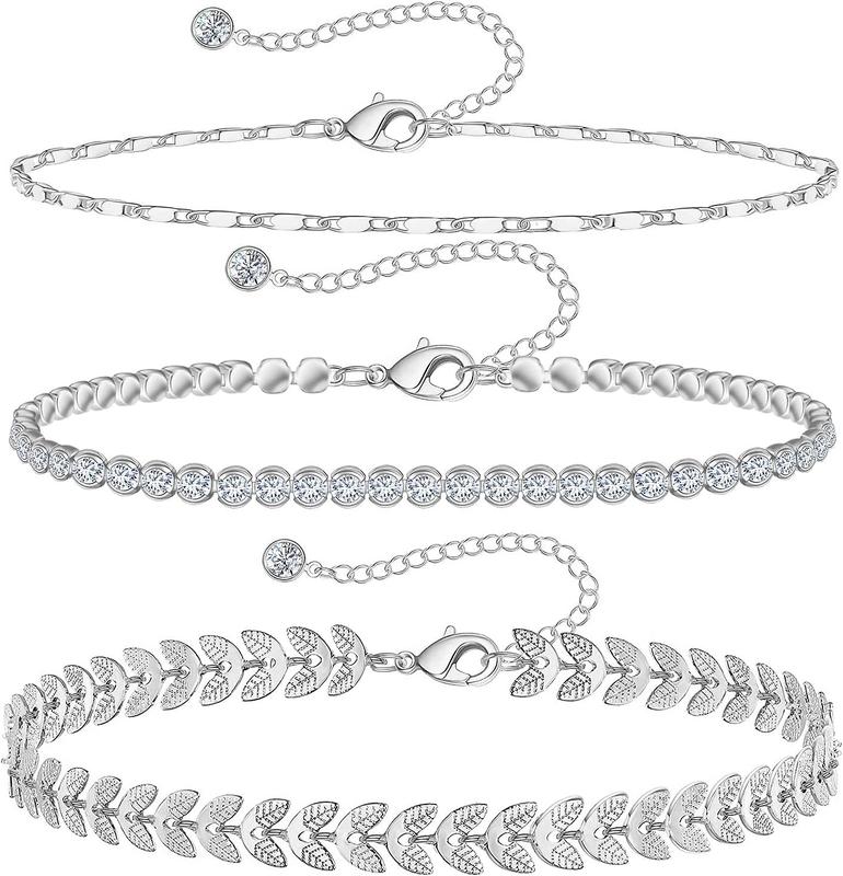 Ankle Bracelets for Women   Plated Anklet  Tennis Rose Quartz Cross Bead Herringbone Snake Paperclip Chain Cubic Zirconia Dainty Layered Anklet Set 3 count