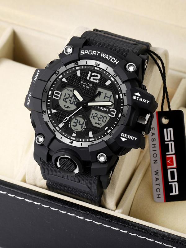 Men's Sportive Digital Analog Quartz Watch, Fashion Watch with Luminous Dial & Alarm Clock & Calendar Function, Trendy Waterproof Watch As Gift with Box