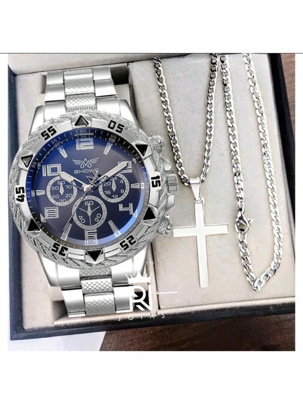 [FREE BOX] Men's Watch Set + Necklace With Cross Fashion Casual Stainless Steel Three-Dial Quartz Watch