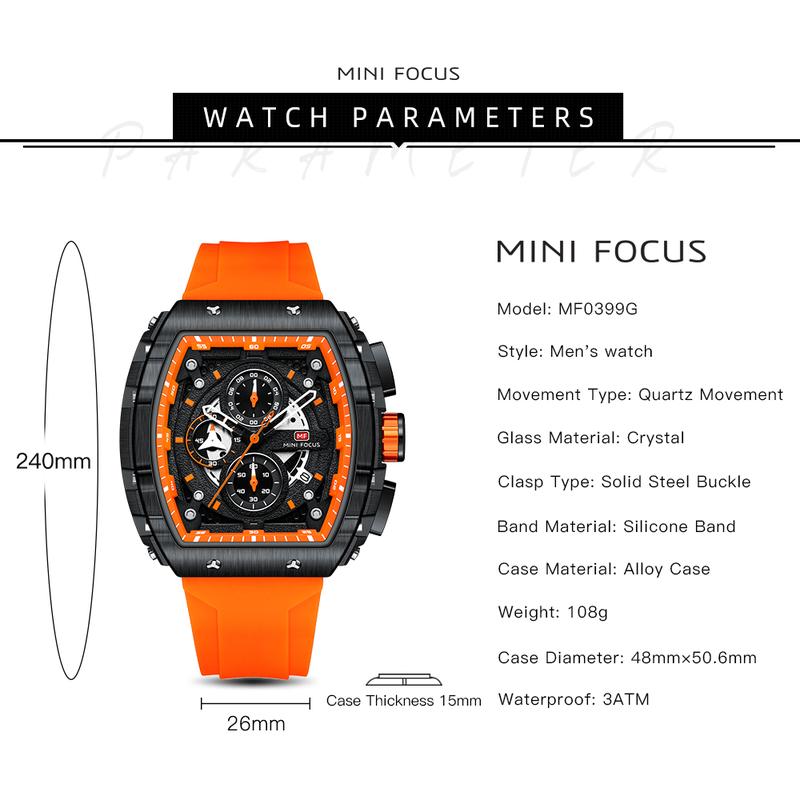 MF MINI FOCUS Men's and Women's Quartz Watches Waterproof Chronograph Date Luminous Square Men's and Women's Watches Analog Luxury Watches