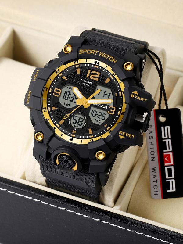 Men's Sportive Digital Analog Quartz Watch, Fashion Watch with Luminous Dial & Alarm Clock & Calendar Function, Trendy Waterproof Watch As Gift with Box