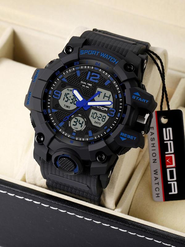 Men's Sportive Digital Analog Quartz Watch, Fashion Watch with Luminous Dial & Alarm Clock & Calendar Function, Trendy Waterproof Watch As Gift with Box