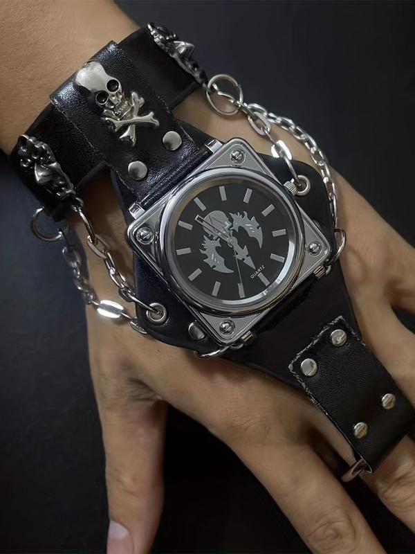 Men's Punk Skull Design Pu Leather Strap Quartz Watch Without Box, Fashion Creative Alternative Couple Watch, Trendy Creative Design Watch for Men & Women