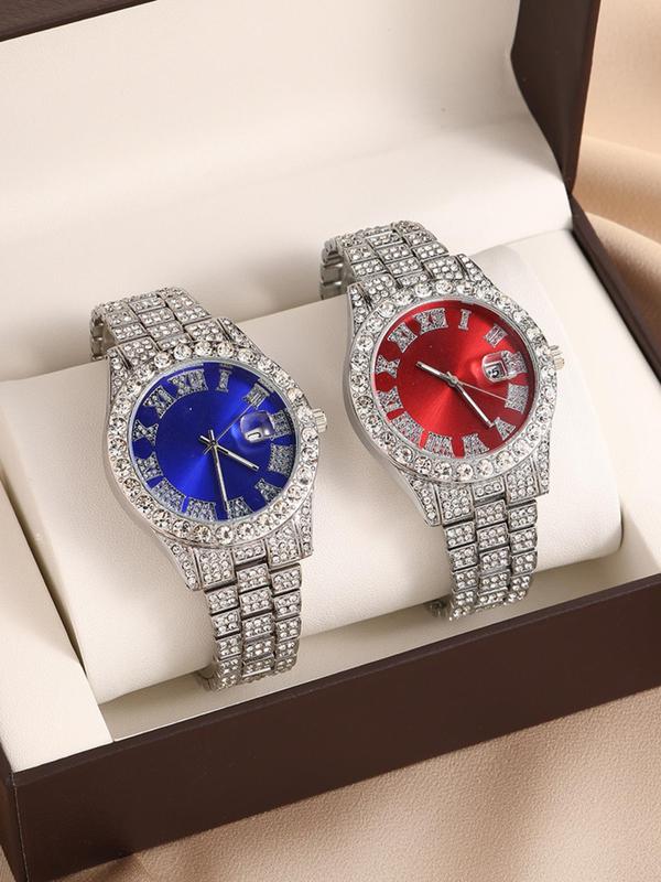 Couple Round Dial Analogquartz Watch Set, Fashion Rhinestone Decor Watch for Party, Daily Clothing Decor, Trendy All-match & Exquisite Watch for Birthday Gift