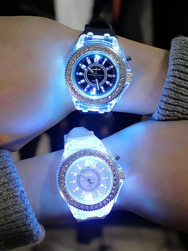 Round Dial Rhinestone Decorated Quartz Couple Matching Watch, 2counts set Exquisite Quartz Watch, Luminous Couple Watch for Men & Women, Birthday Gift