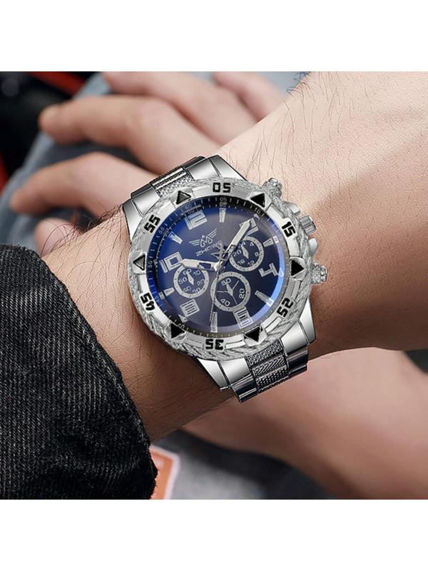 [FREE BOX] Men's Watch Set + Necklace With Cross Fashion Casual Stainless Steel Three-Dial Quartz Watch