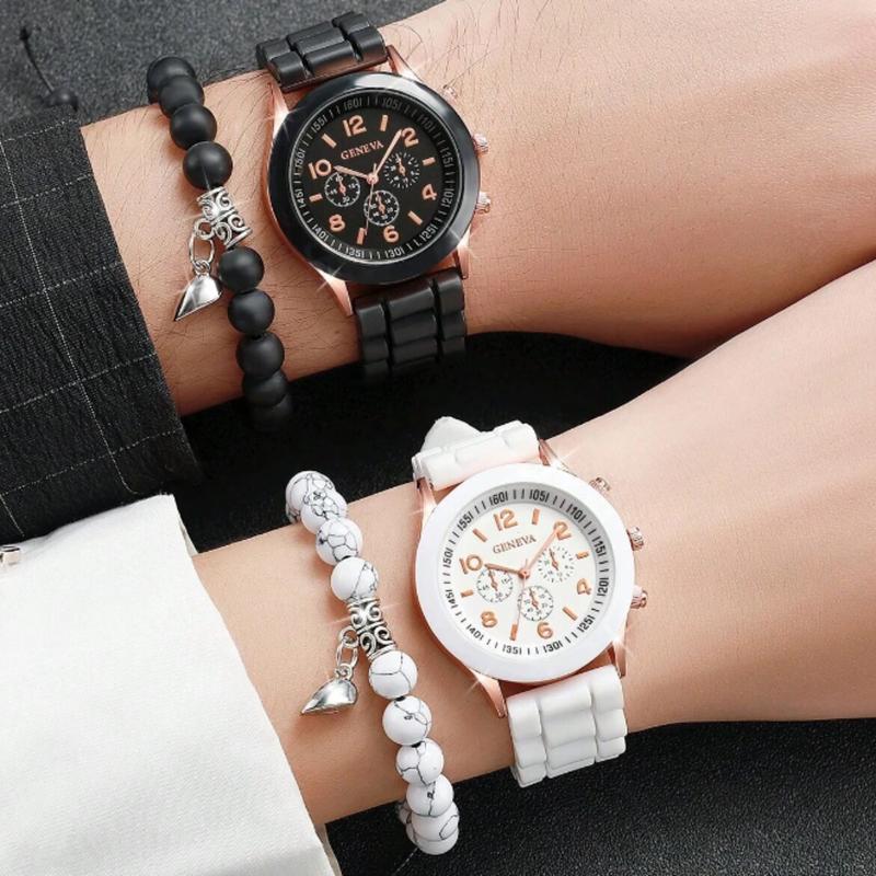 Couple's Fashionable And Concise Digitally Indexed Dial Quartz Wristwatch Women + Heart Shaped Beaded Bracelet Set Couple Watch Gift Women